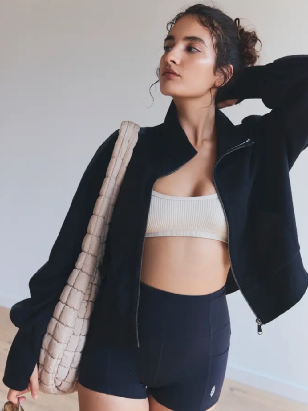 Free People Movement Black Zip-Up Crop Jacket with Cream Ribbing size S